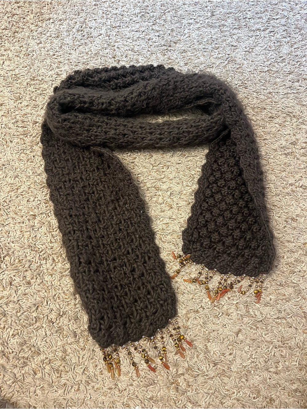 Handmade Dark Brown Knit Scarf with Bead Fringe